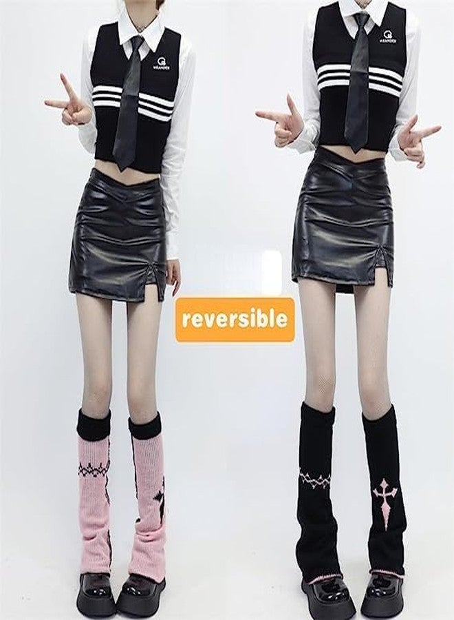 OATSBAS Women Lolita Ribbed Knit Leg Warmer Kawaii JK Japanese Student Stockings Y2K Cross High Bucket (Black-pink) - Image 5